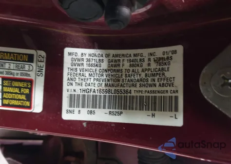 2008 Honda Civic Lx из США, поврежденный, VIN 1HGFA16598L055364